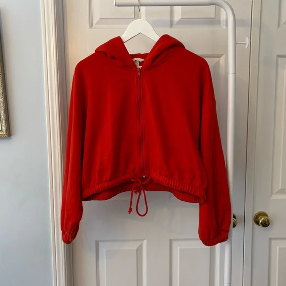 H&M Red Cropped Zip Up Hoodie Size Large Cotton - Picture 8 of 10